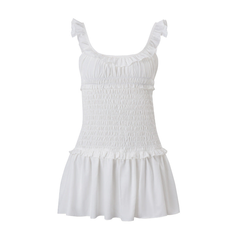 Damen Kleidung Frühling Sexy Elegant Holzohr Plissiertes Trägerkleid Kurz für Frauen