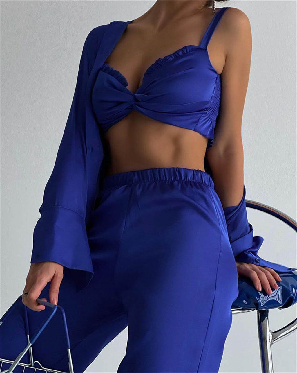 Frühling Herbst Freizeit Satin Dreiteiliges Set Damen Kleidung Satin Wickel-Brust Weste Hemd Freizeit-Hosen Set