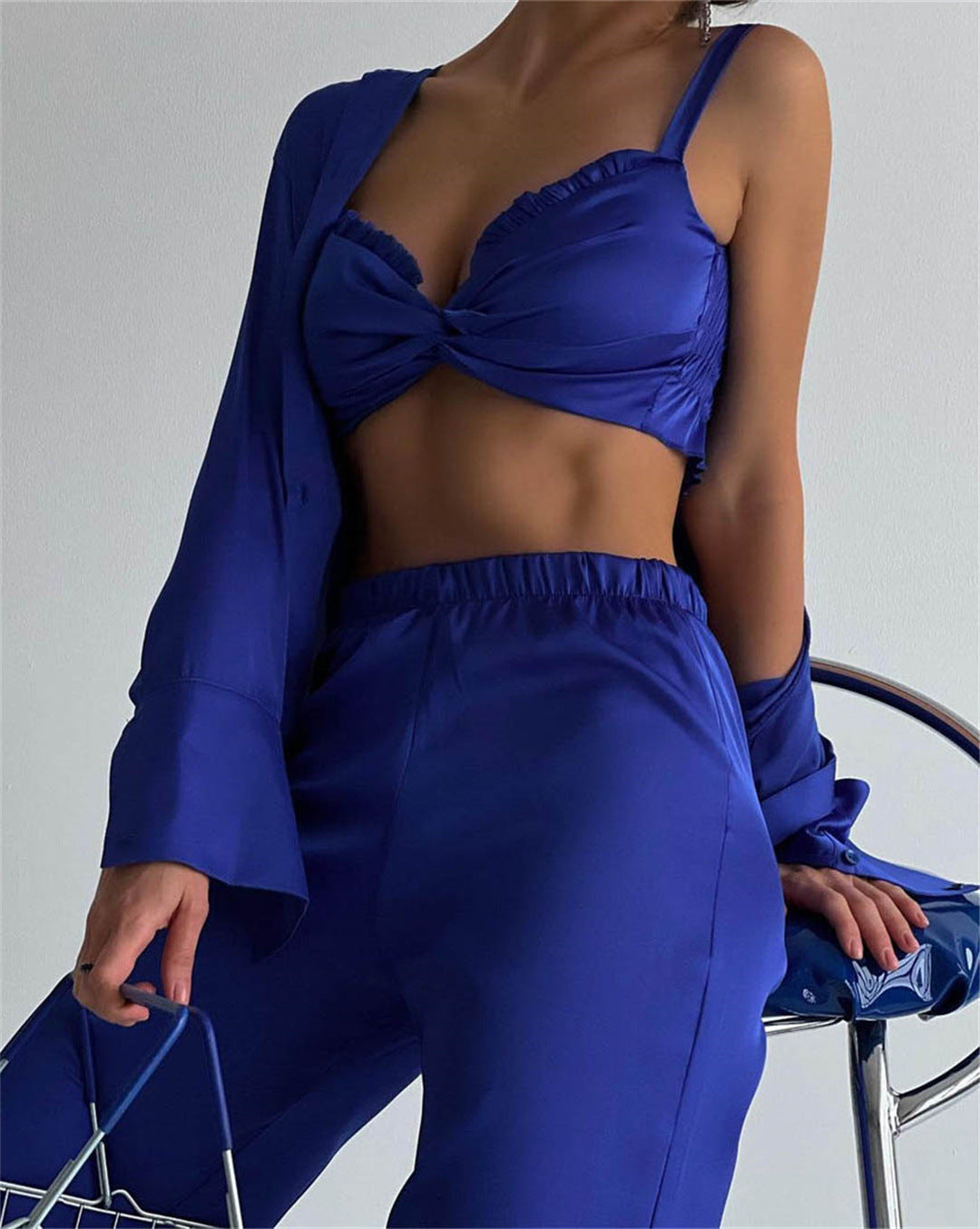 Frühling Herbst Freizeit Satin Dreiteiliges Set Damen Kleidung Satin Wickel-Brust Weste Hemd Freizeit-Hosen Set