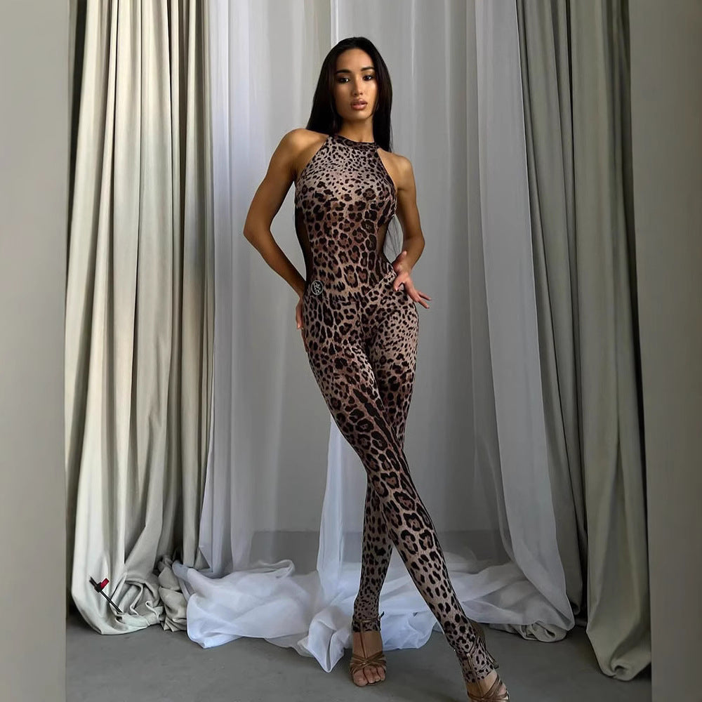 Sexy ärmelloser Neckholder-Jumpsuit mit Leopardenmuster, Mesh-Einsätzen, eng anliegend, hochelastische Hose