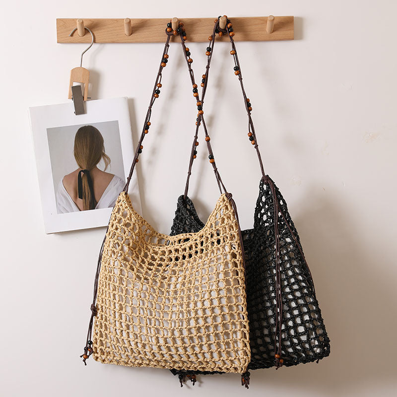 Sommer Strohgewebte Tasche mit Schnürmuster, geeignet für Damen, Strandurlaub, Strandtasche