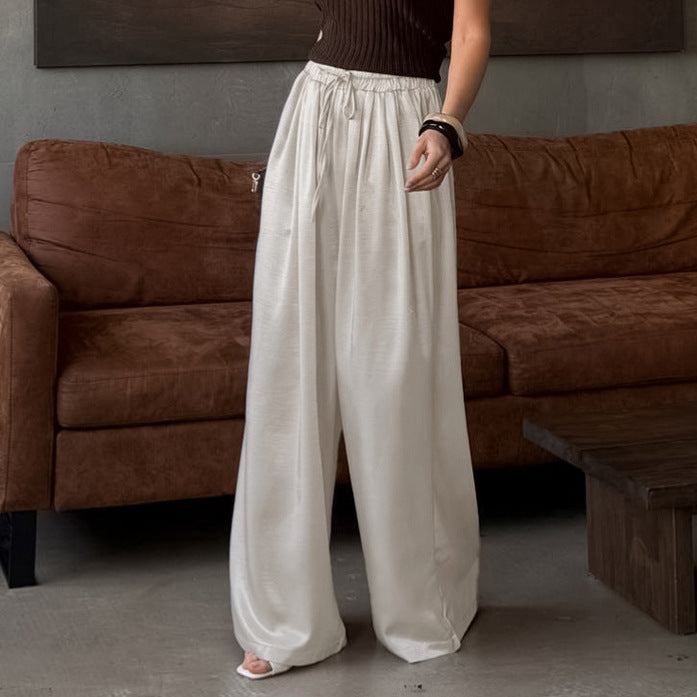 Women Solid Color Satin Imitation Acetate Trousers Women Commuting Elegant High Grade Casual Loose Wide Leg Pants