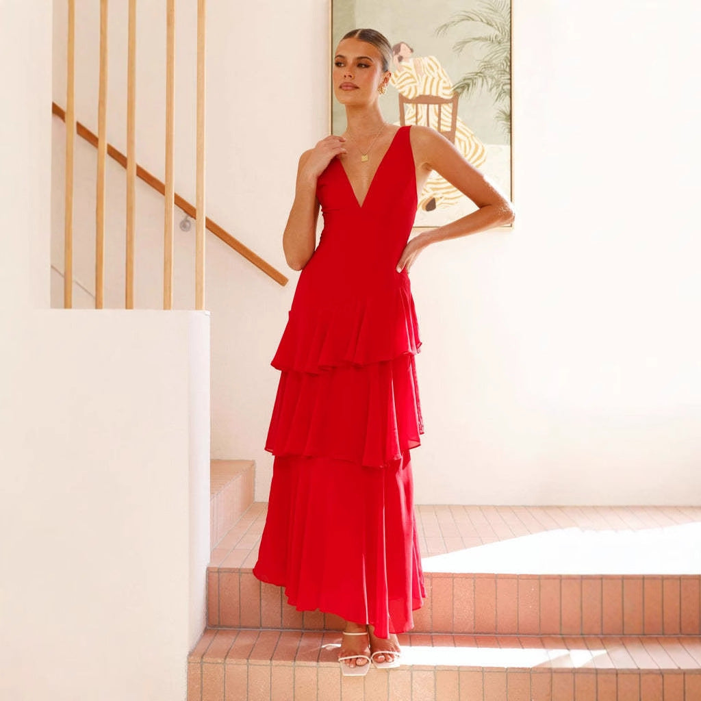 Sexy Internet Sommer Französisches Stufenkleid Kinder Eleganz Ärmelloses V-Ausschnitt-Kleid