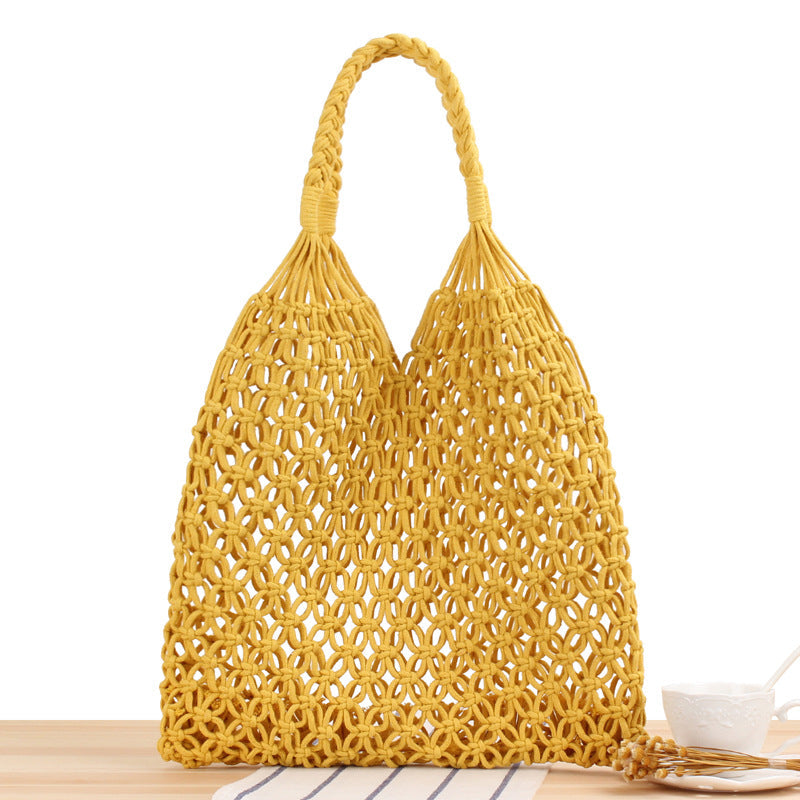 Einfarbige Umhängetasche für Damen, Mori-Stil, Strohtasche, handgefertigte Netztasche aus Baumwollschnur, Strandtasche