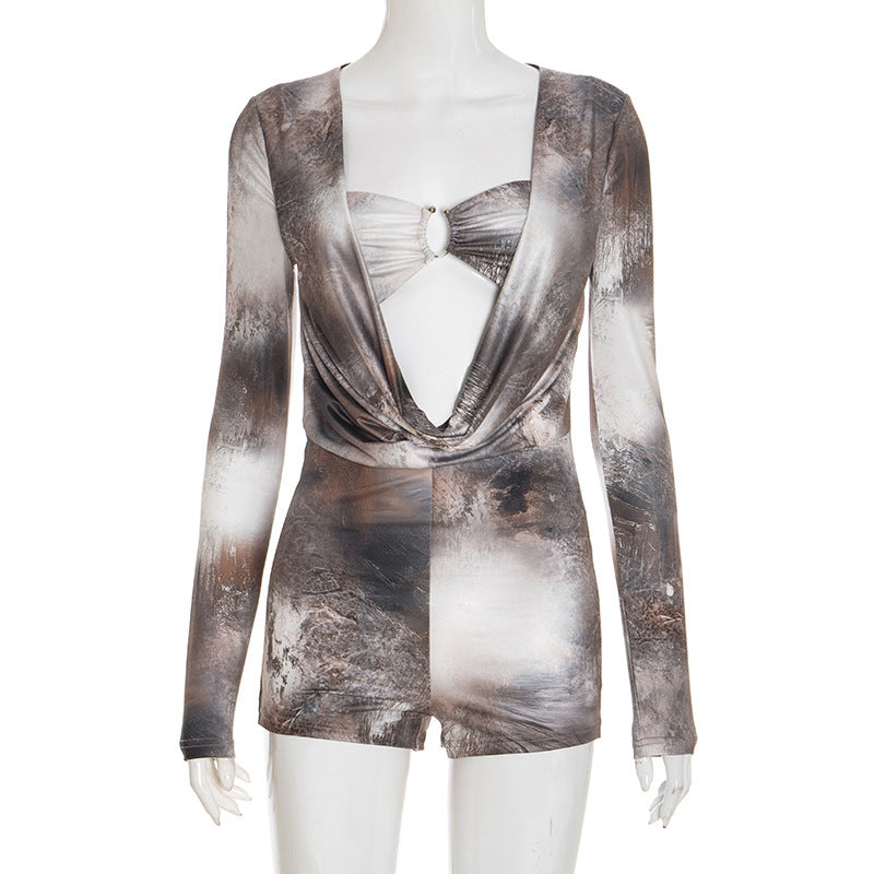 Damen Kleidung Herbst Schlank Tinte Blüten Druck Schwingkragen Falsche Zweiteiler Langarm Jumpsuit