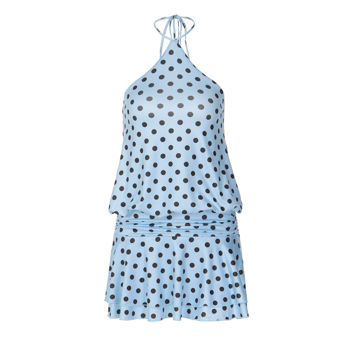Summer Polka Dot Printed Sexy Backless Pleated Laminated Short Halter Dress