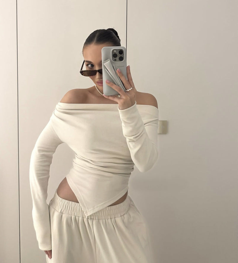 Fall off Neck Asymmetric Hem Long T shirt Straight Leg Trousers Casual Two Piece Sets