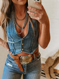 Personalized Sexy Women Sleeveless Single Breasted V neck Top Denim Vest
