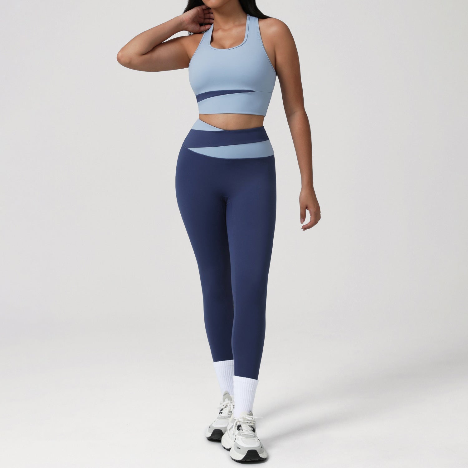 Contrast Color Yoga Women Long Sleeved Sports Bra Top Hip Lifting Tights Morning Running Step Fitness Set