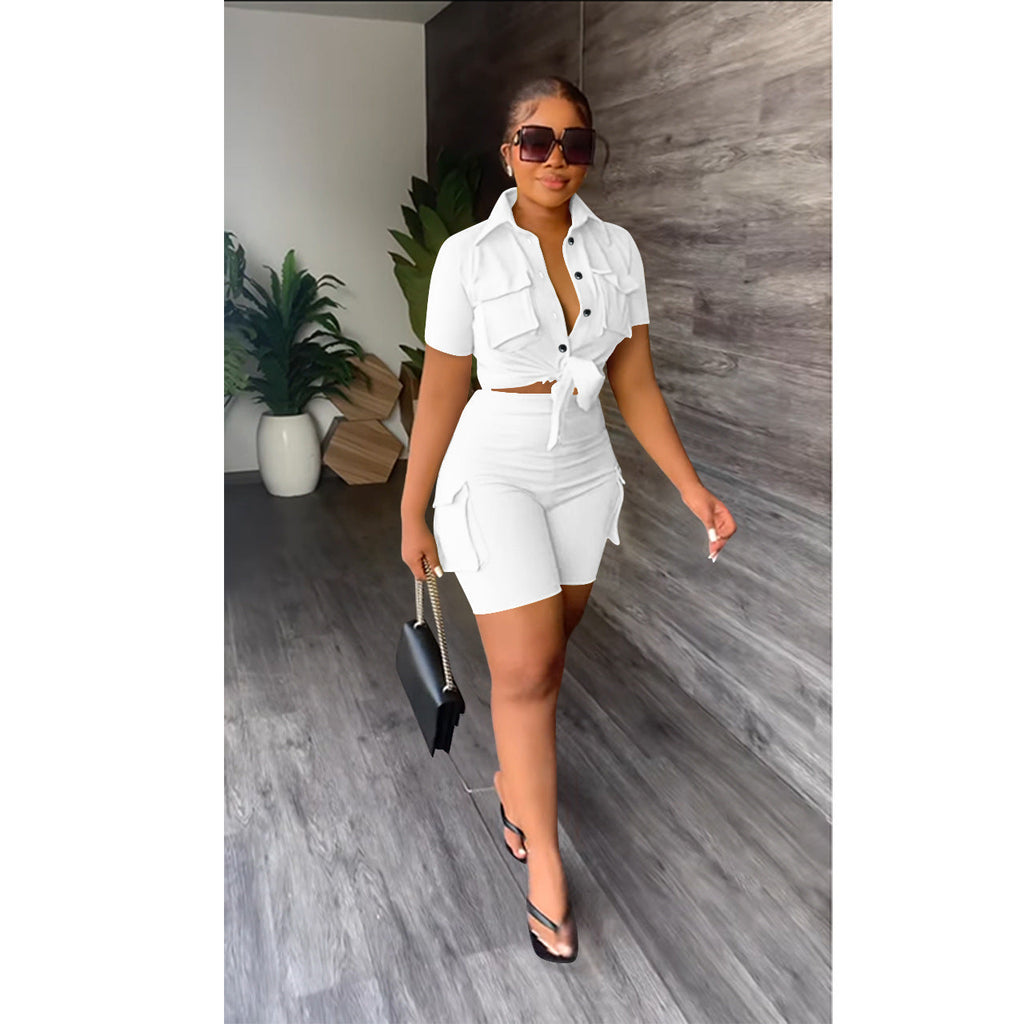 Damenbekleidung Urban Shirt Kurzarm Shorts Einfarbig Zweiteiler Set