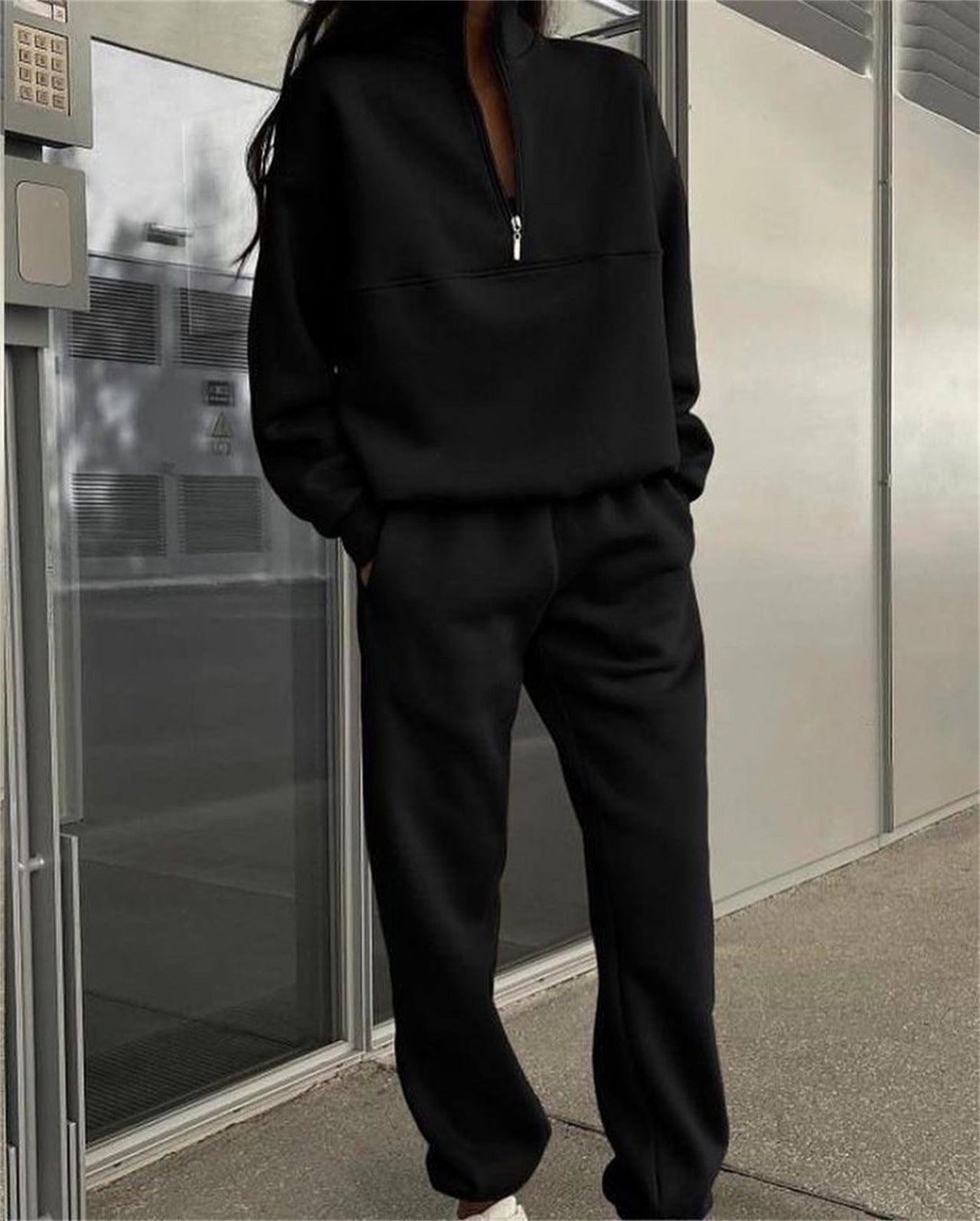 Damen Langarm Stehkragen-Pullover mit Reißverschluss, zweiteiliges Set, Herbst und Winter, bequem, locker, sportlich, lässig