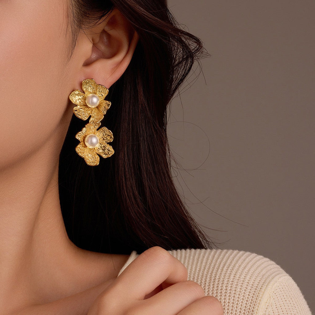 Gold Titanium Steel Petal Pearl Non Fading Stainless Steel Earrings Earrings