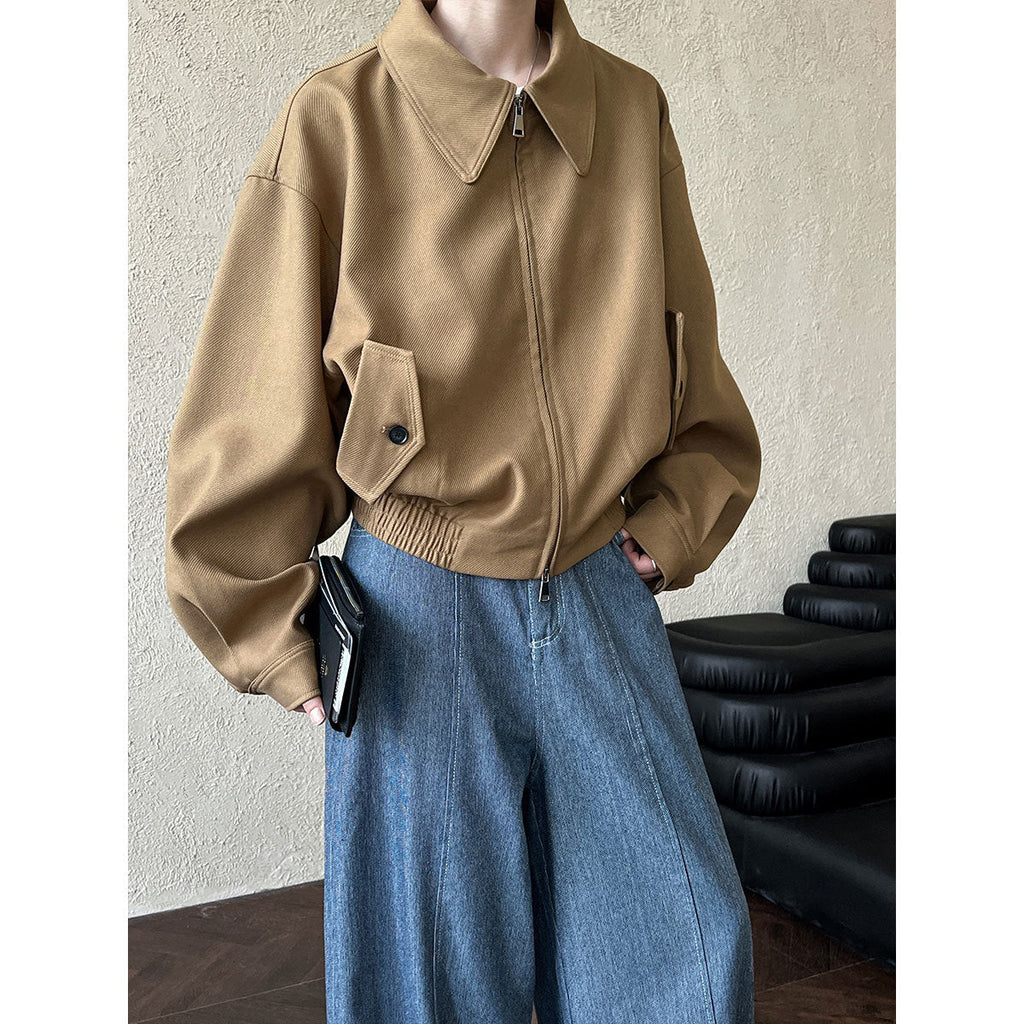 Herbst Maillard Mantel Damen Revers Kragen Überschnittene Schulter Reißverschluss Design Locker All Matching Langarm Jacke