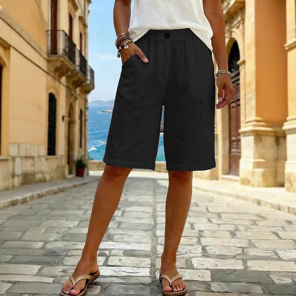Women Faux Cotton Linen Shorts Summer Casual Everyday Mid Rise Solid Color Shorts