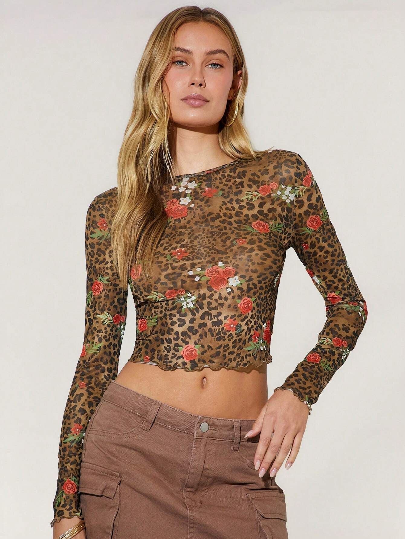 Spring Women Leopard Print Floral Printed Mesh round Neck Short Long Sleeved T shirt Top