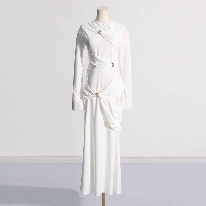 Elegantes Damen-Frühlings-Pulloverkleid mit Knitterfalten, Rundhalsausschnitt und langen Ärmeln