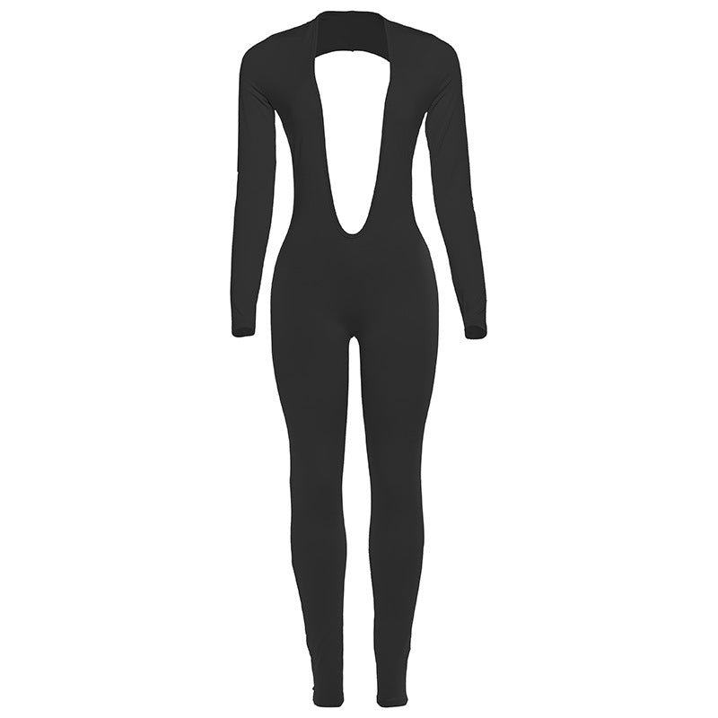 Herbst Damenbekleidung Sexy Rückenloses Tiefes V-Dekolleté Langärmeliger Einfarbiger Enger Jumpsuit