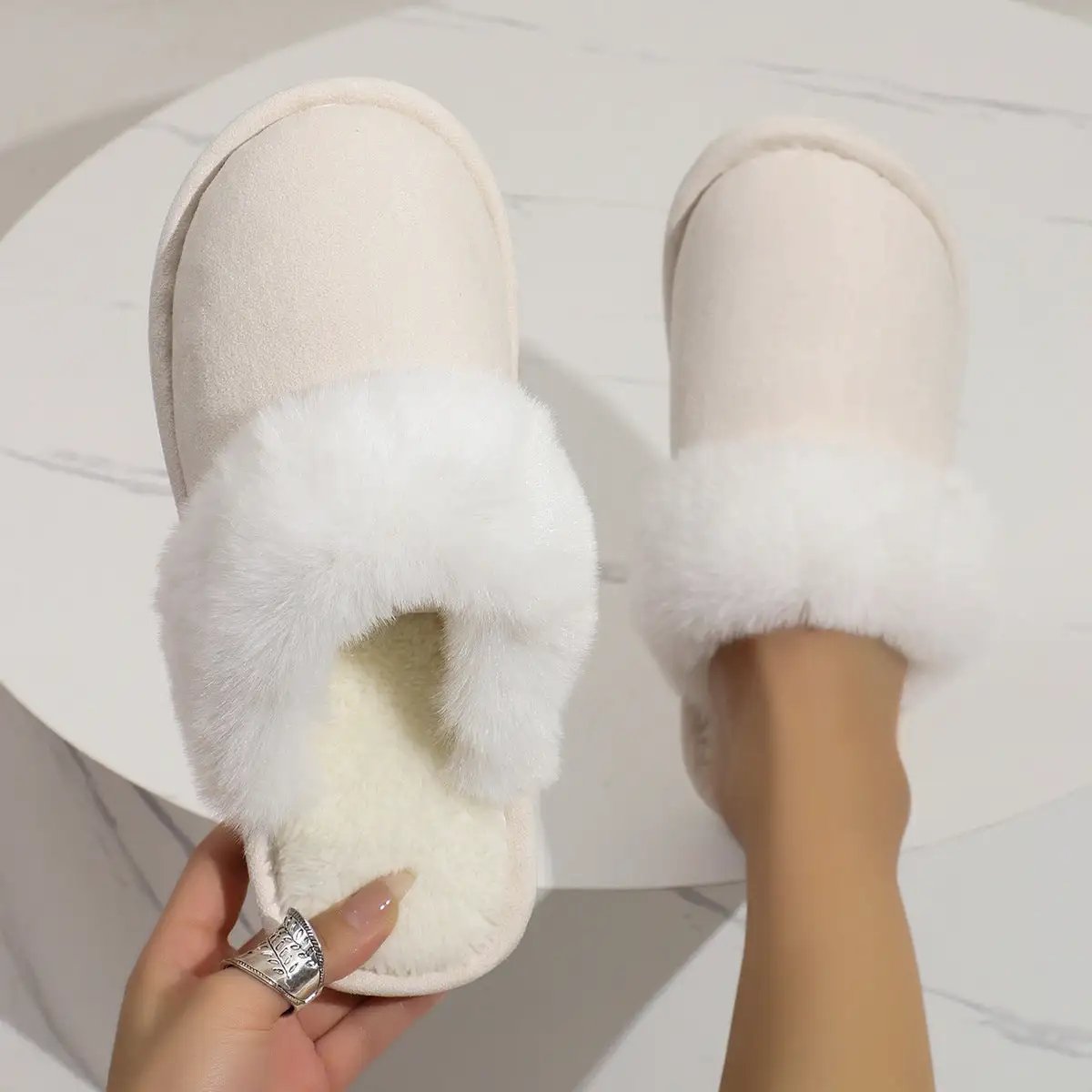 Fluffy Slippers Autumn Winter Warm Slugged Bottom Home Thickened Fleece Slippers Home Indoor Cotton Slippers by Wanita Store