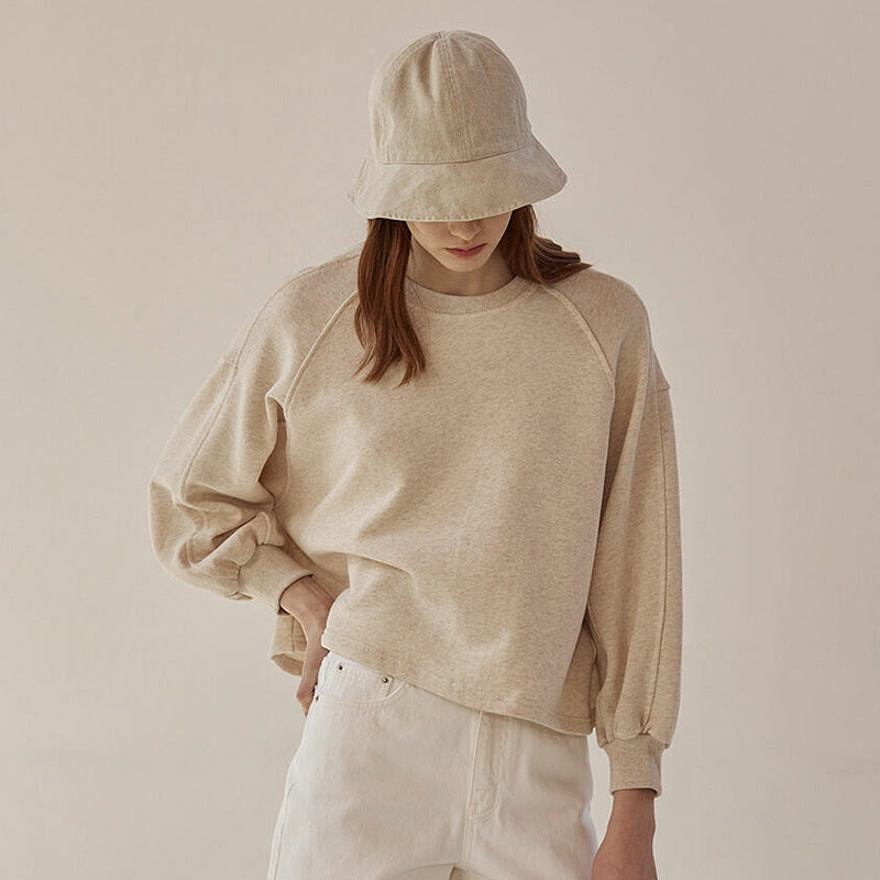 Herbst Winter Hoodie Locker Kurze Laternenärmel Naht Reine Baumwolle Französischer Freizeitpullover Damenbekleidung