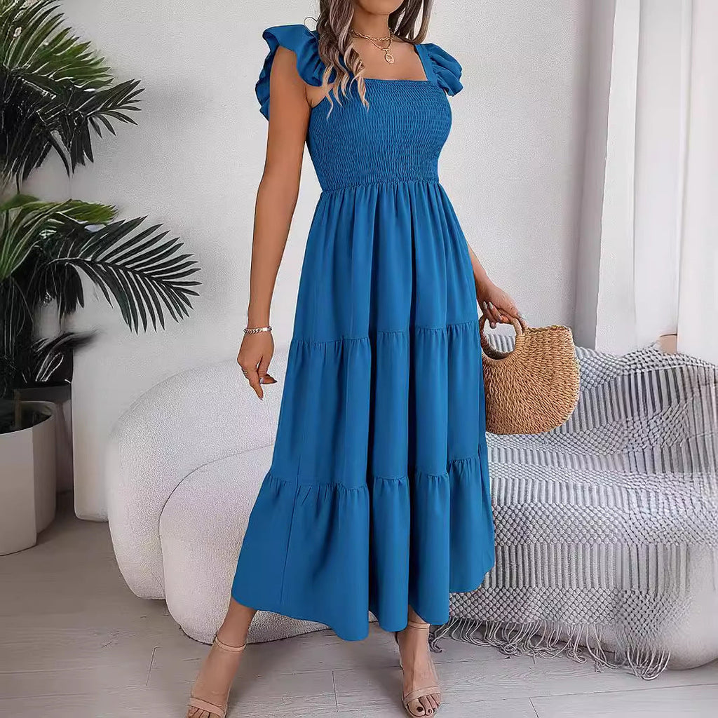 Sommer einfarbig quadratischer Kragen Holzohr Taille A-Linien-Kleid Damenbekleidung