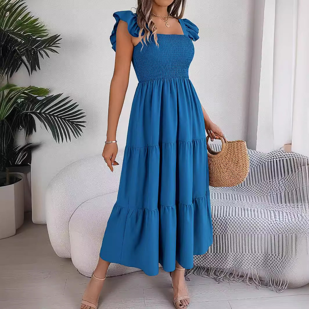 Sommer einfarbig quadratischer Kragen Holzohr Taille A-Linien-Kleid Damenbekleidung