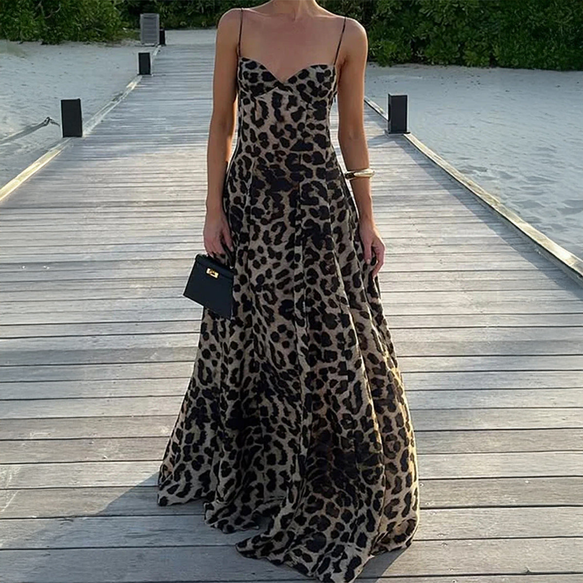 Sexy Sling Leopard Print Maxi Dress Damenbekleidung Herbst