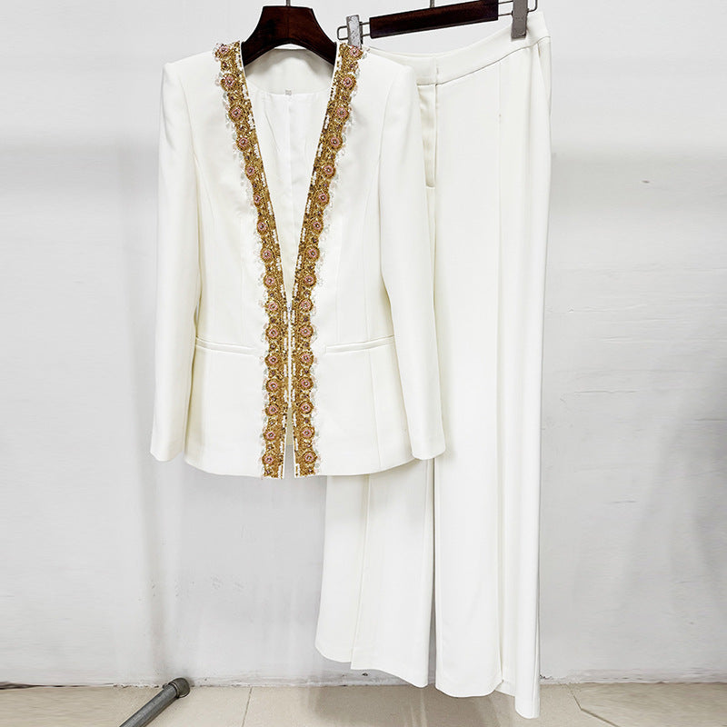 Heavy Embroidery Sequin Bead Diamond Jacket Coat Trousers Two Piece Sets