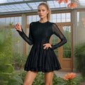 Französisches, ausgeschnittenes Langarm-Kurzkleid Herbst High Sense Rundhals-Taillen-Schlankheitskleid Damen