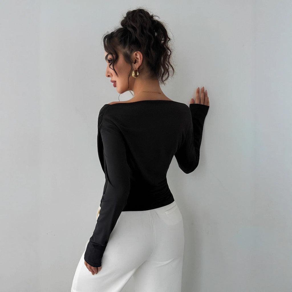 Herbst Winter Einfarbiger Schulterkragen Schulterfrei Slimming Langarm All-Match Office Oberteil