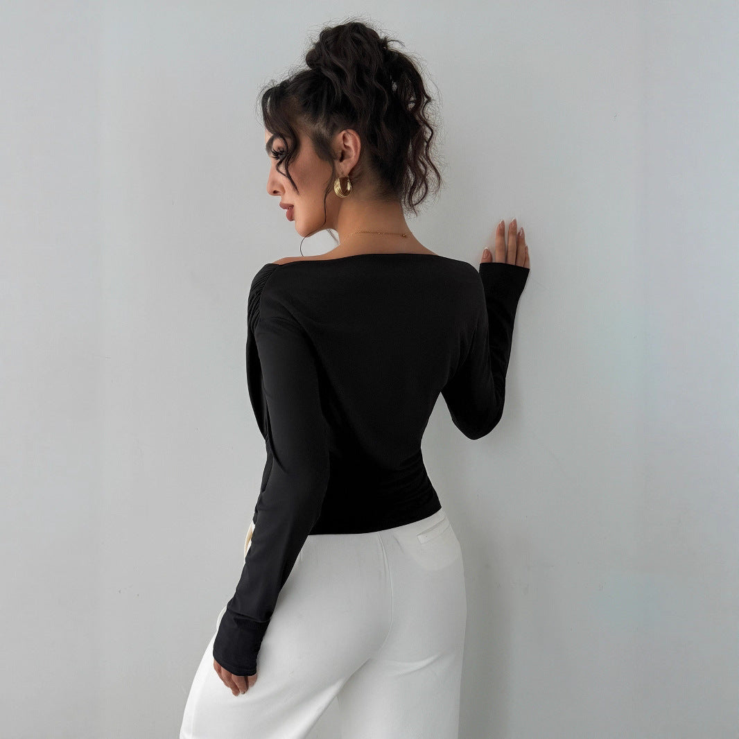 Herbst Winter Einfarbiger Schulterkragen Schulterfrei Slimming Langarm All-Match Office Oberteil