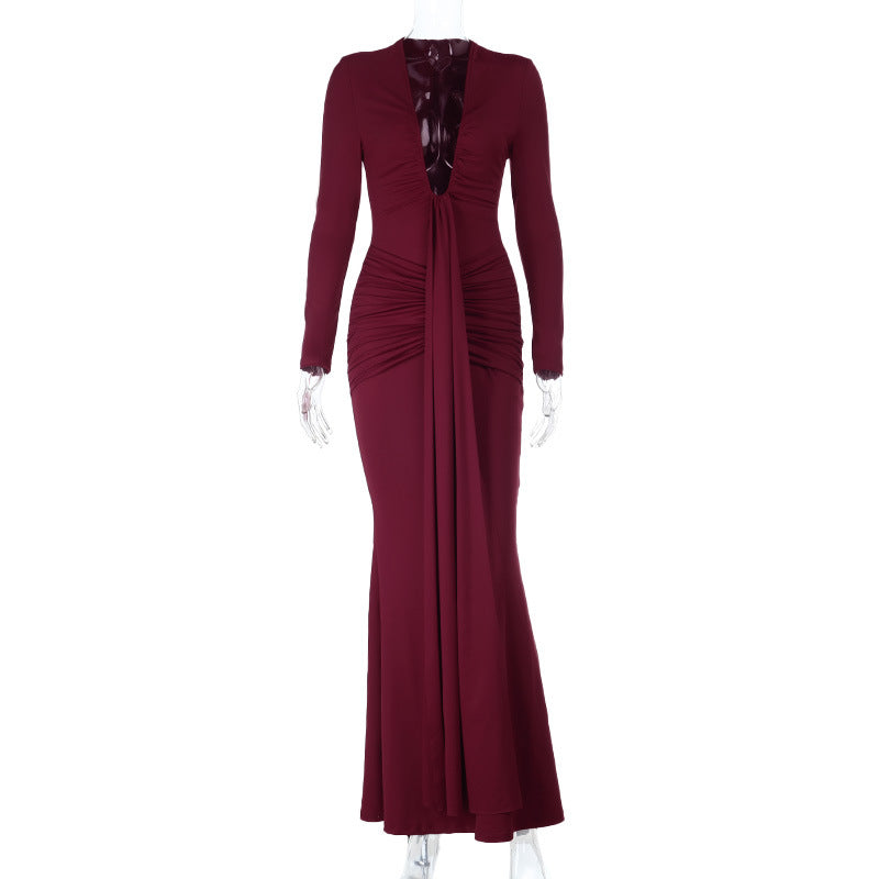 Deep Dress Sexy U Collar Slim Sexy Long Sleeve Dress Women