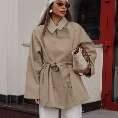 Grabenmantel Damen Mittellang Khaki Jacke Schnürung Herbst Langarm Mantel