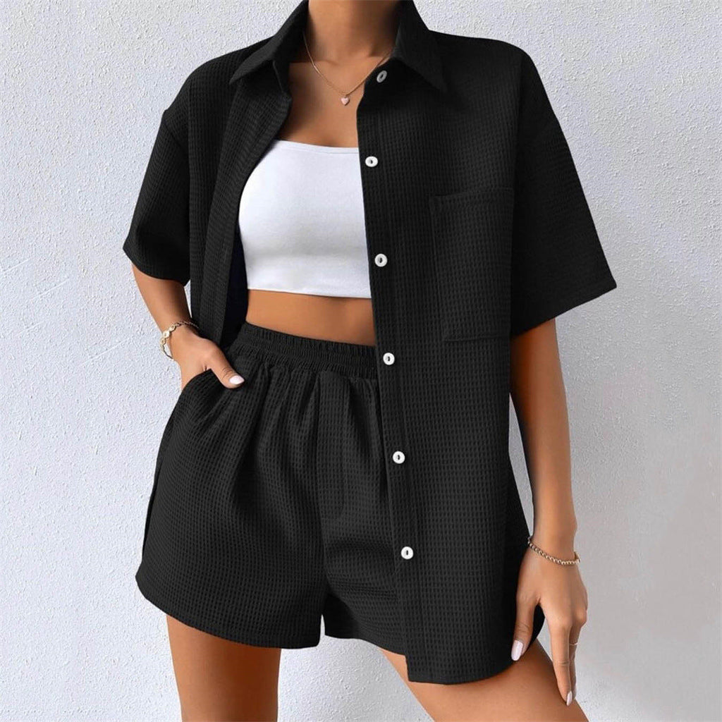 Sommer Anzug Damen Loose Casual Kurzarm Shirt Elastische Taille Shorts Zweiteiliges Set Damen