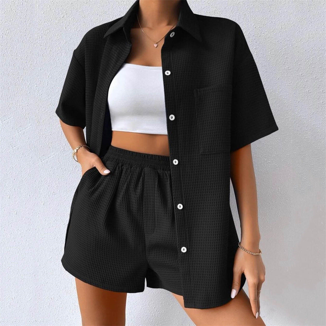 Sommer Anzug Damen Loose Casual Kurzarm Shirt Elastische Taille Shorts Zweiteiliges Set Damen