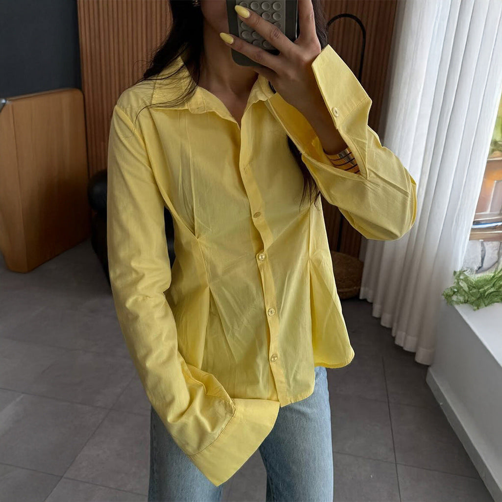 Women Clothing Autumn Elegant Solid Color Buttons Long Sleeve Shirt Top
