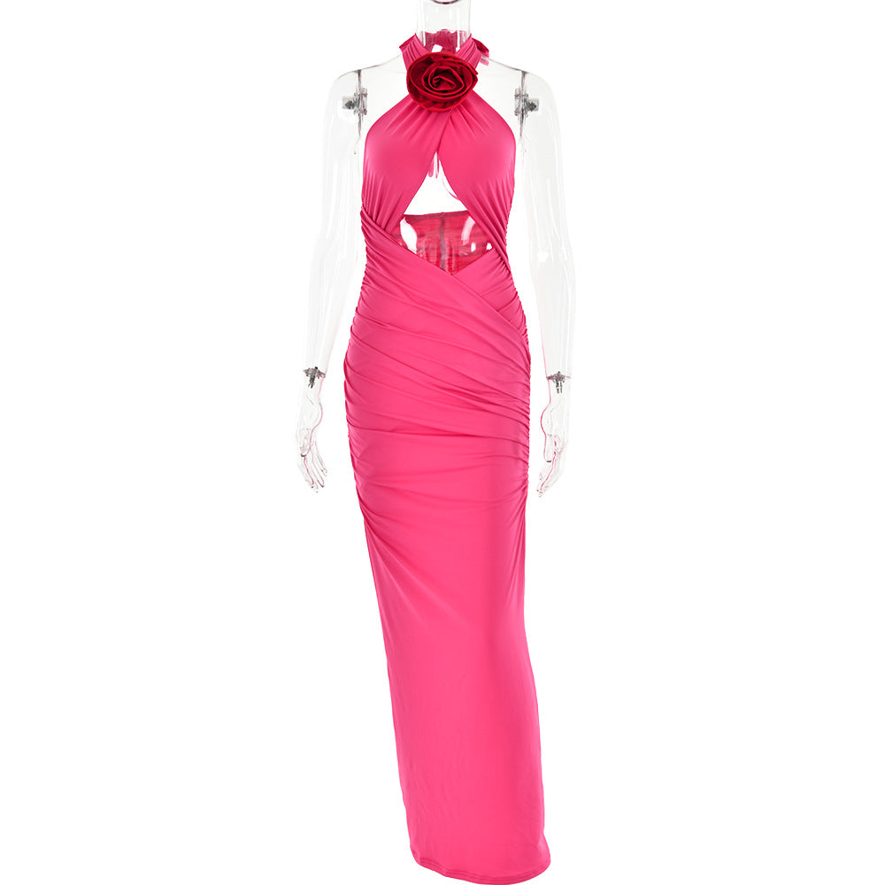 Kleid Sexy geblümt genäht rückenfrei Neckholder-Träger Hüfte
