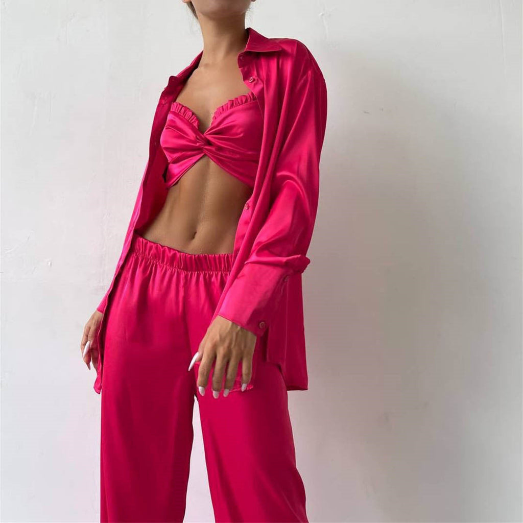 Frühling Herbst Freizeit Satin Dreiteiliges Set Damen Kleidung Satin Wickel-Brust Weste Hemd Freizeit-Hosen Set