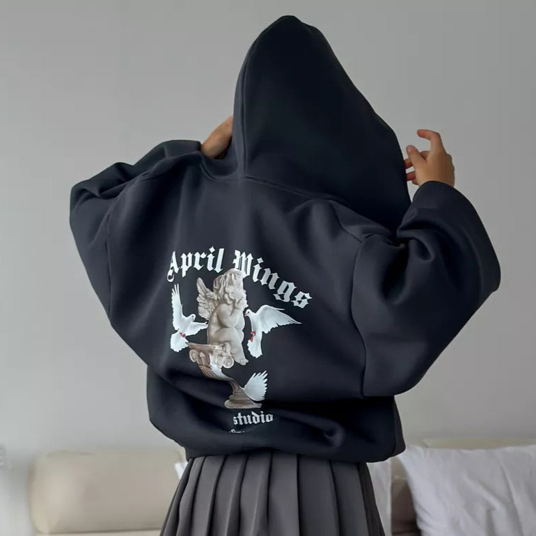 Lockere Persönlichkeit Trendiger Sexy Casual Pullover mit Engel-Print, Kapuze und Reißverschluss für Damen Frühling Herbst