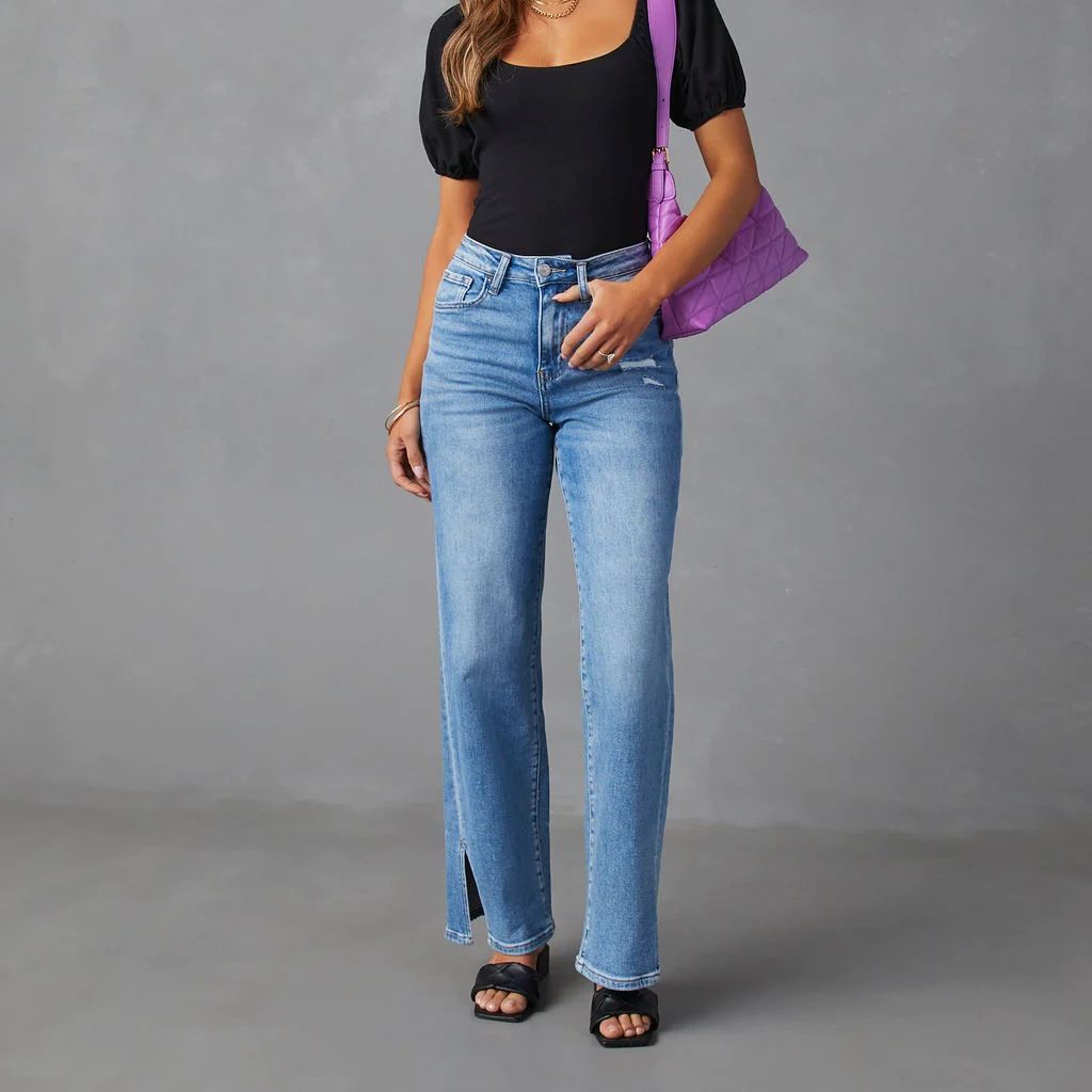 Split Jeans Damen Hohe Taille Split Straight Stretch Jeans