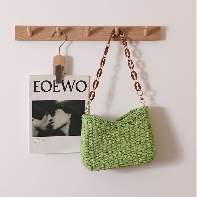 Frische lila Strohtasche Gewebte Tasche Damen Tasche Schulter Einfarbig Strohtasche Urlaub Strandtasche