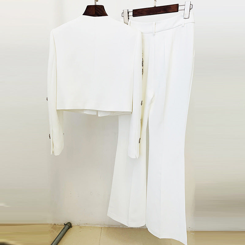 Rundhals-Heavy-Industrie-Perlen-Kurzjacke Schlitz-Schlaghose Blazer Anzug Set