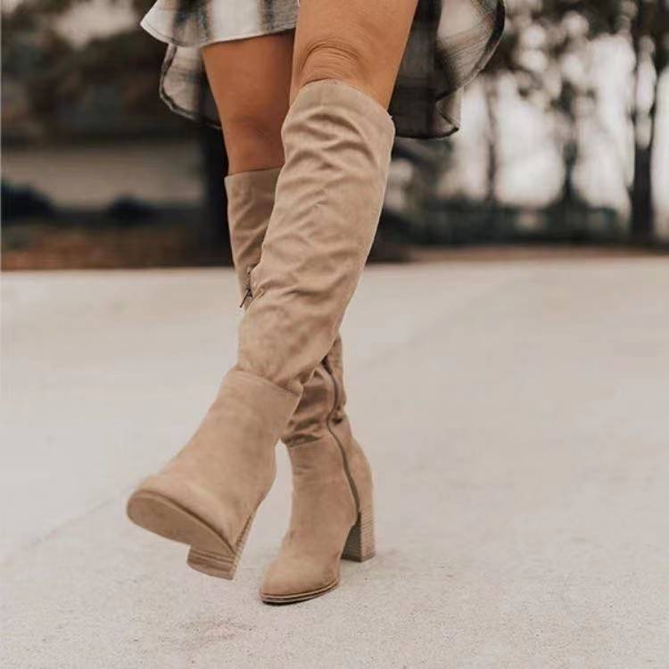 Plus Size Lange Stiefel Damen Wildleder Chunky Heel Spitz Zehe Seitlicher Reißverschluss Einfarbig Knight Boots