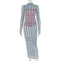 Damen Kleidung Mikro Transparent Druck Schlank Ein-Schritt-Hüft-Rollkragen Langarmkleid