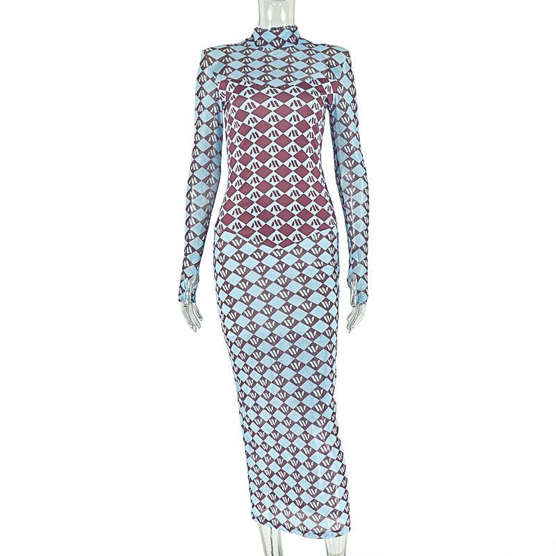 Damen Kleidung Mikro Transparent Druck Schlank Ein-Schritt-Hüft-Rollkragen Langarmkleid