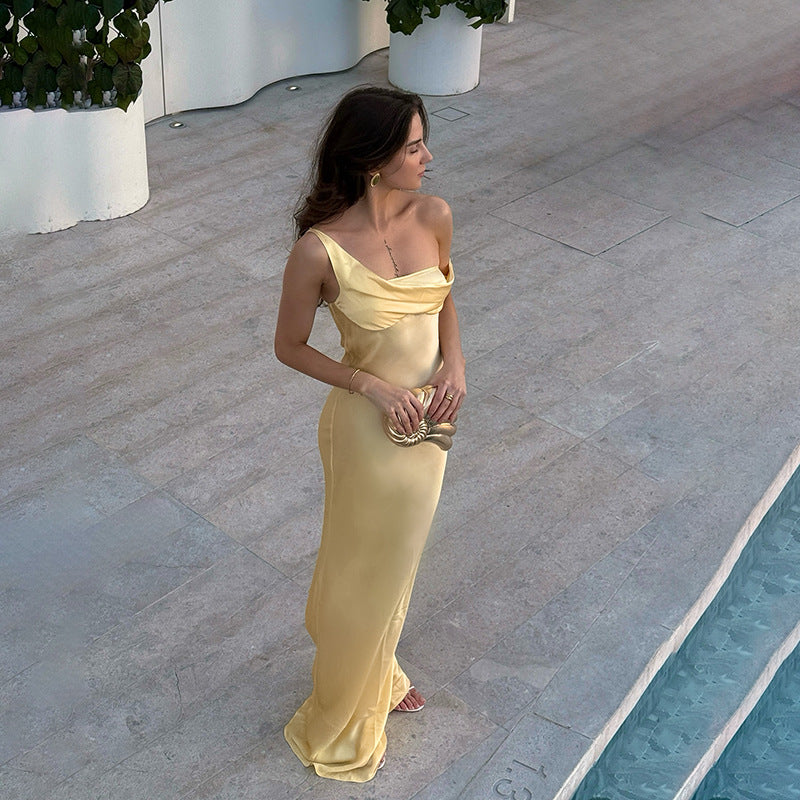 Kleid elegant sexy einfarbig Träger Satin Urlaub lang Sommer