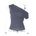 Women Clothing Spring Fashionable Striped off Shoulder Irregular Asymmetric Slimming Bottoming Top