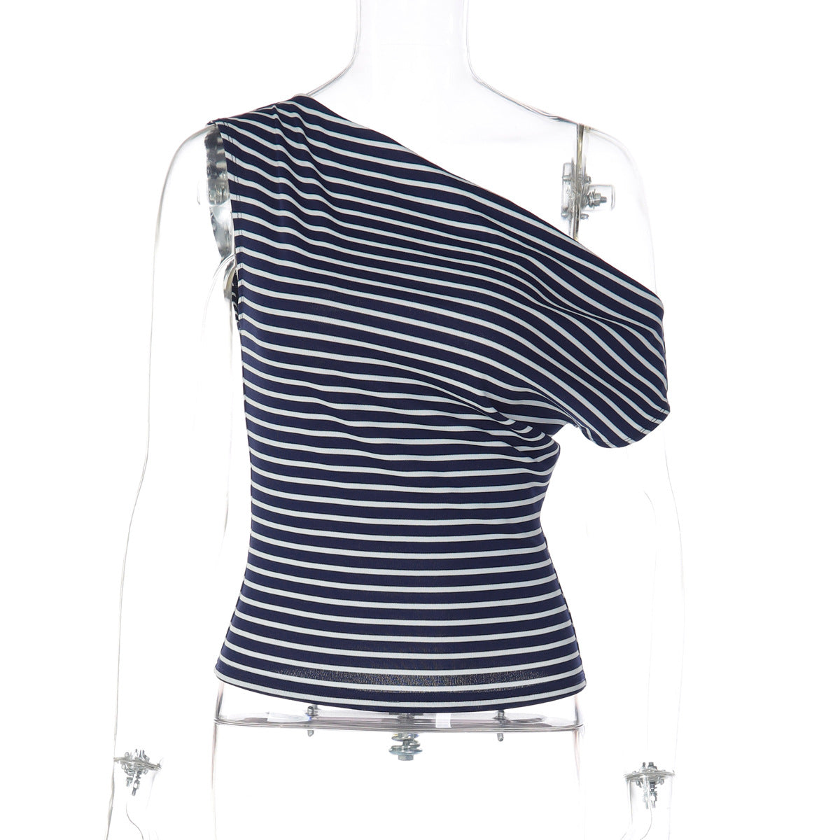 Women Clothing Spring Fashionable Striped off Shoulder Irregular Asymmetric Slimming Bottoming Top
