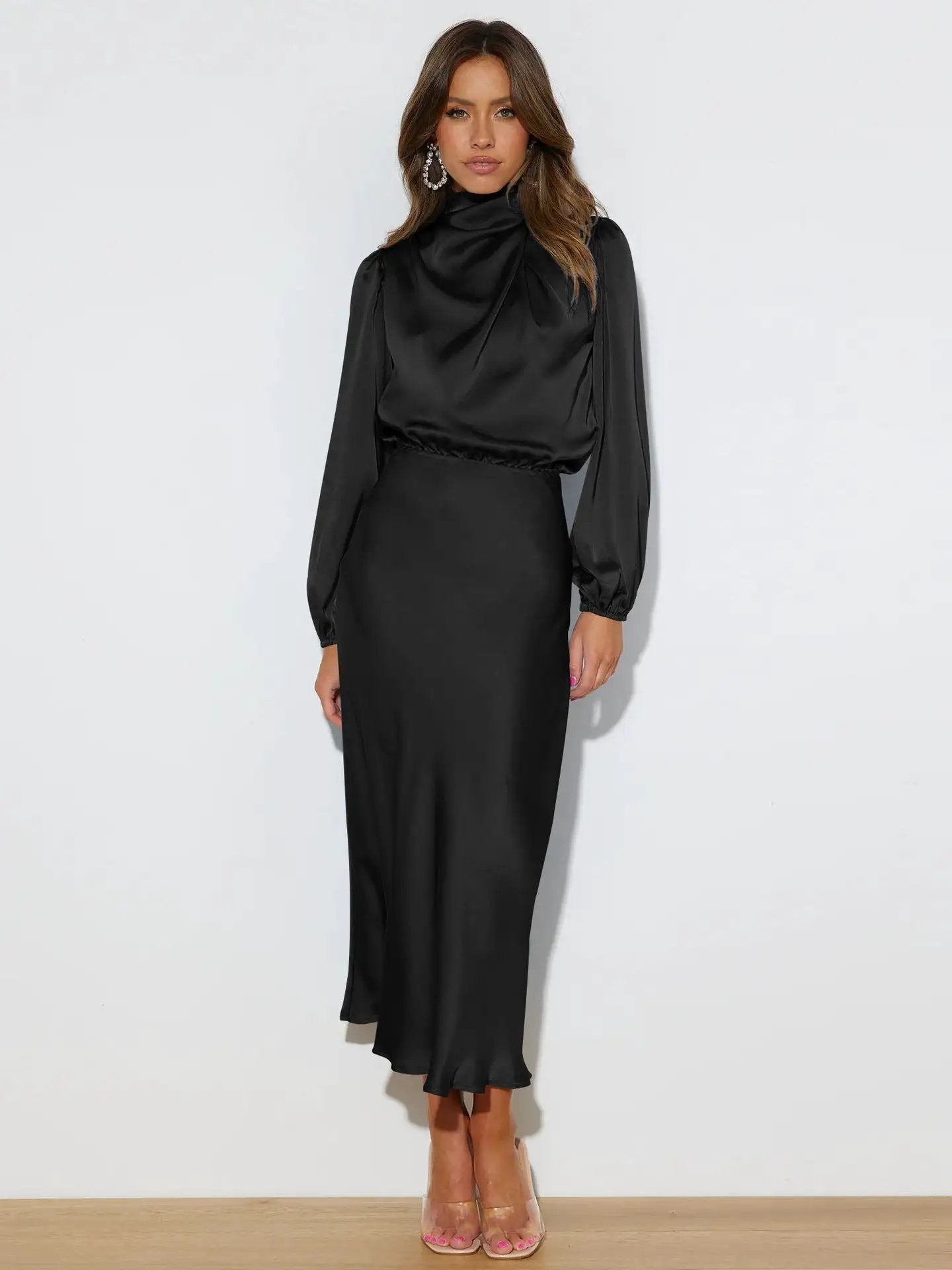 Autumn High Grade Satin Long Sleeve Loose Dress Elegant Women Dress Evening Dress Dress by Wanita Store