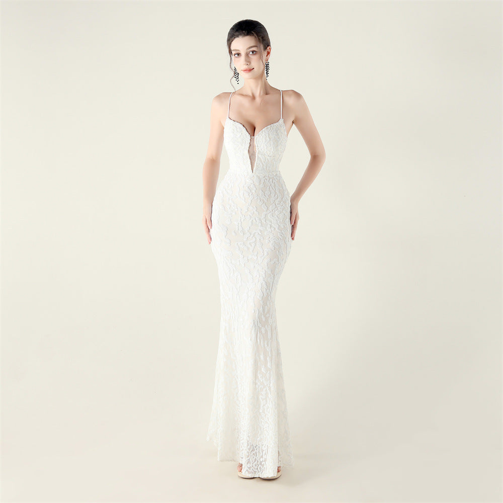 Beaded Embroidery Sequined Waist Trimming Lace up Deep V Plunge Heart Strap Evening Dress Cocktail Party