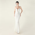 Beaded Embroidery Sequined Waist Trimming Lace up Deep V Plunge Heart Strap Evening Dress Cocktail Party